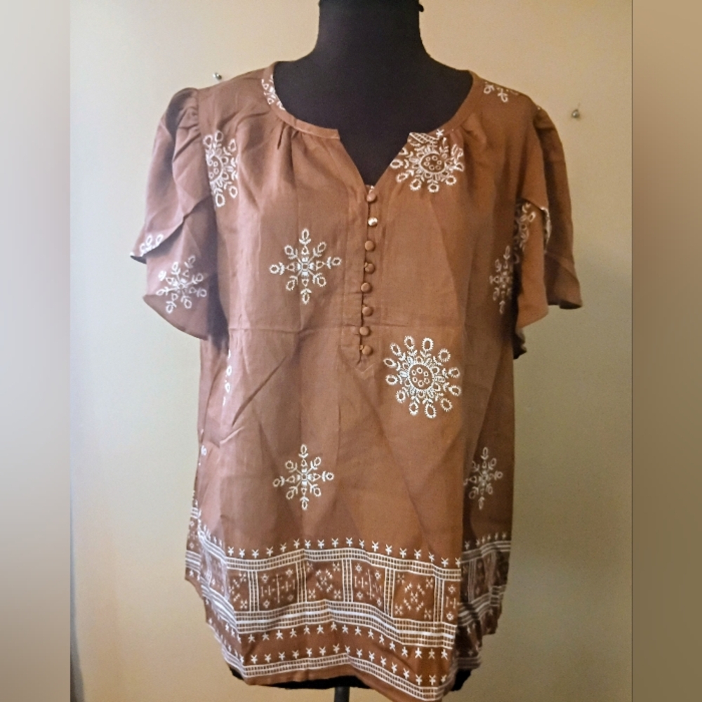 Brown Embroidered Button-Front Flutter Sleeve Top